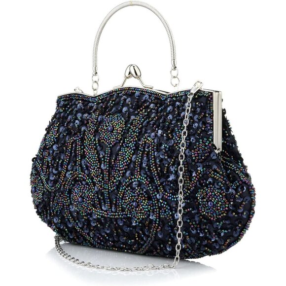 BEADED Sequin Flower Clutch Bag Blue - Picture 3 of 9